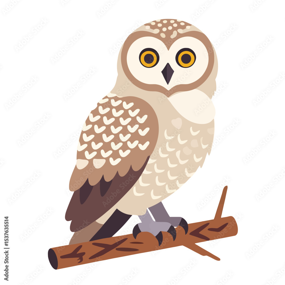 Obraz premium Cute Cartoon Owl Illustration-Adorable Bird Perched on a Branch-Wildlife Art for Kids and Nature Lovers-Download High-Quality Vector Graphic Now
