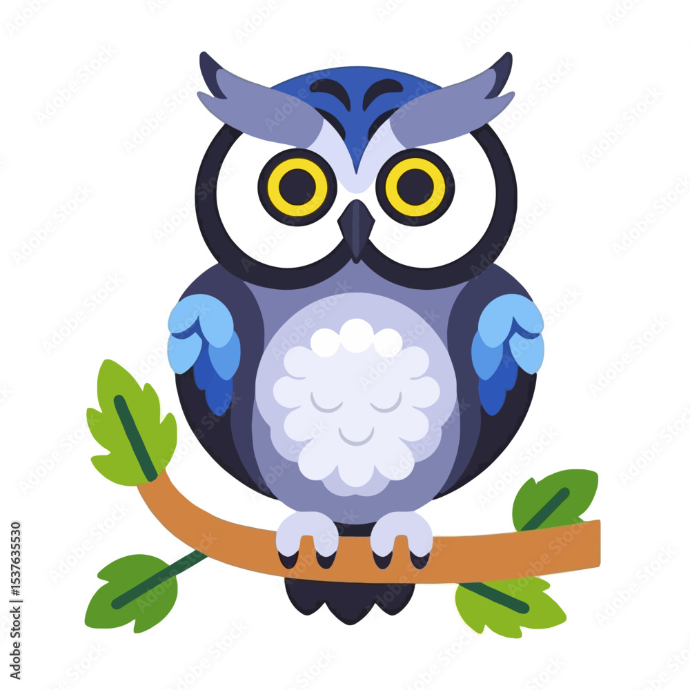 Fototapeta premium Cute Cartoon Owl Illustration-Perched on a Branch with Green Leaves-Whimsical Owl Art for Kids-Nature Inspired Design-Animal Vector Graphic-Playful Owl Artwork