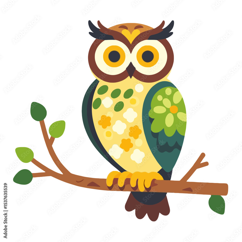 Fototapeta premium Cute Cartoon Owl Illustration-Colorful Owl Sitting on Branch with Leaves-Fun Graphic for Kids-Animal Art Design-Nature Inspired Clipart Image-Owl Vector Art_