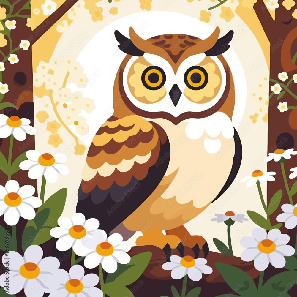 Obraz premium Cute Cartoon Owl Illustration-Owl in a Daisy Field-Whimsical Nature Art-Children's Room Decor-Owl Lover Gift-Brighten Your Day with this Cheerful Owl Image