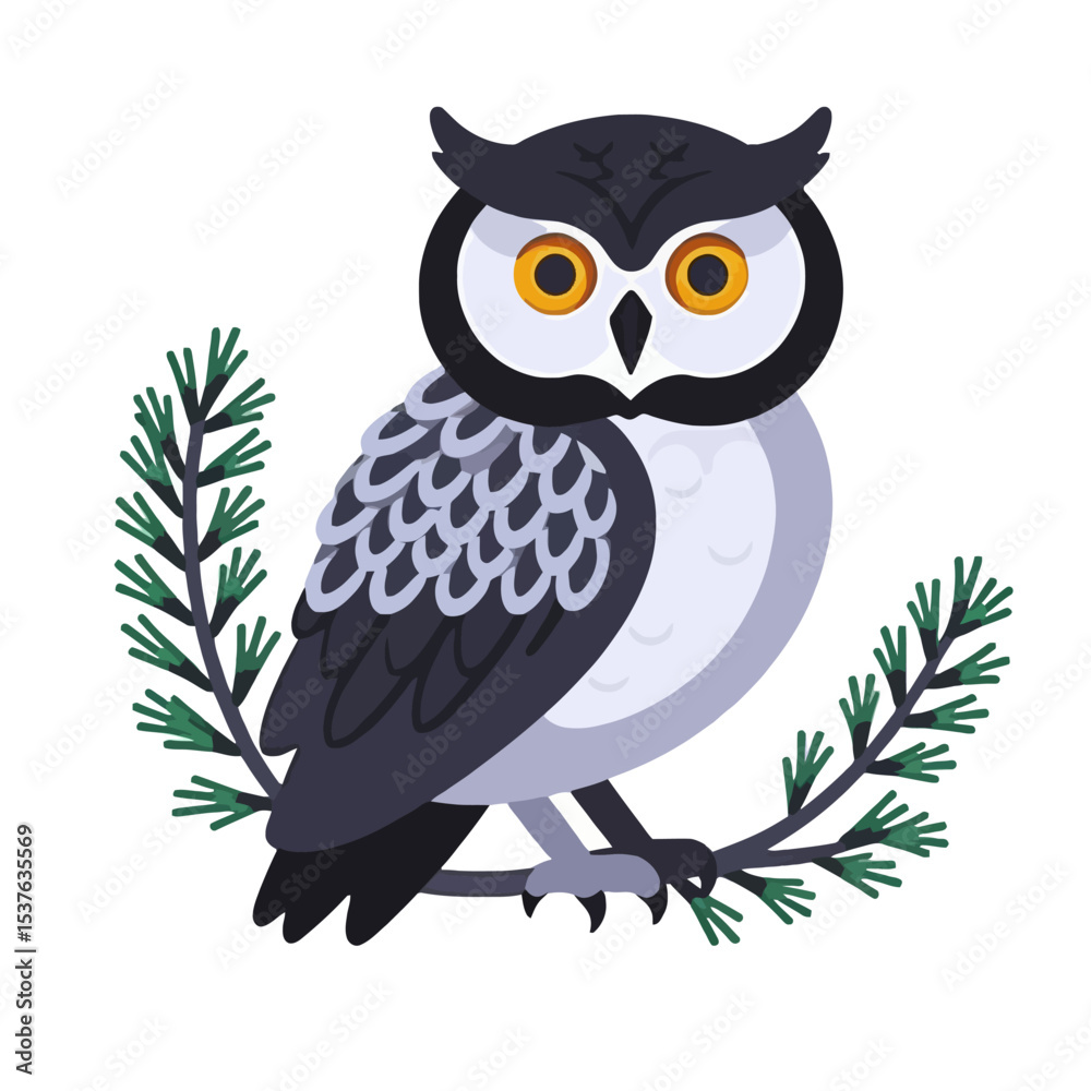 Obraz premium Cute Cartoon Owl Illustration-Wise Bird with Yellow Eyes Sitting on a Branch-Adorable Owl Graphic for Kids-Owl Clipart for Designs-Wildlife Art for Decor