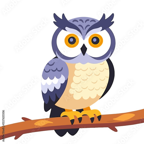 Cute Cartoon Owl Illustration- Perched on a Branch- Big Eyes and Feather Details- Perfect for Kids Designs- Educational Resources- Wildlife Themed Projects