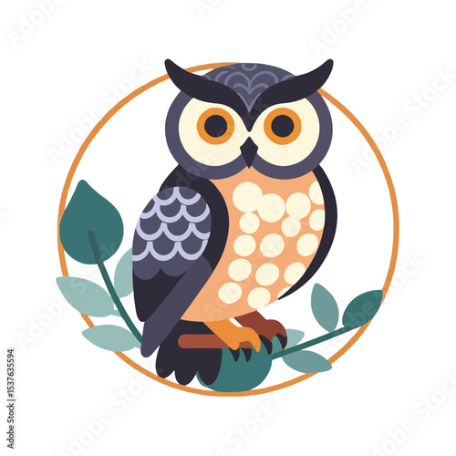 Cute Cartoon Owl Vector Art Illustration for Kids Room Decor-Modern Bird Design with Foliage-Whimsical Wall Art Print-Stylish Owl Graphic Illustration