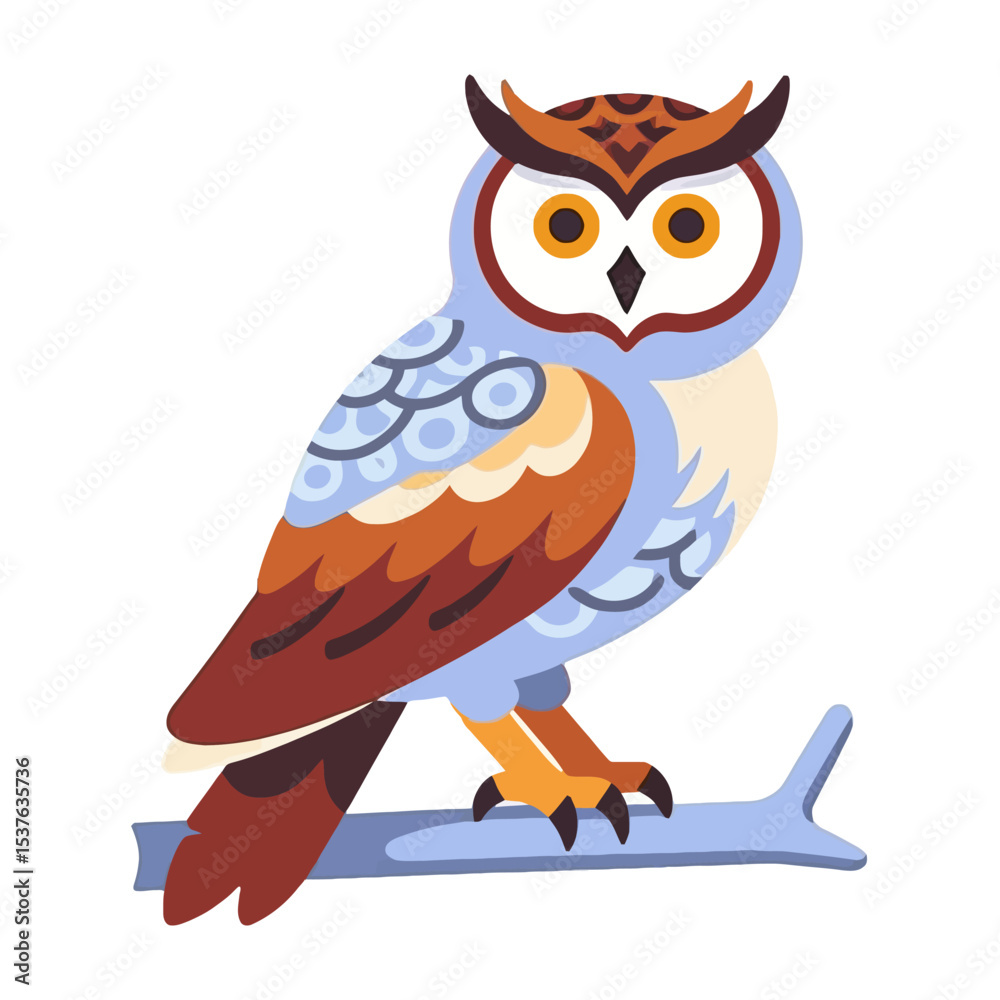 Fototapeta premium Cute Owl Illustration-Colorful Bird on a Branch-Cartoon Owl Clipart-Great Horned Owl Graphic-Adorable Animal Art-Owl Icon for Kids-Owl on Tree Branch Illustration-Stylish Owl Design_