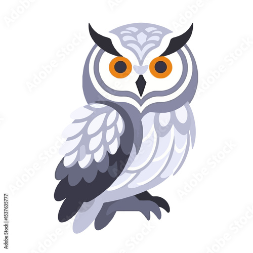 Cute Owl Vector Illustration-Gray and White Owl with Orange Eyes-Owl Design for Children's Books-Owl Clip Art-Animal Illustration-Bird Vector-Nature Art