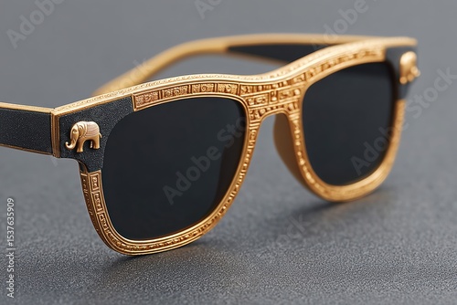 luxury designer sunglasses with ornate gold detailing and elephant emblem on glossy black textured frames