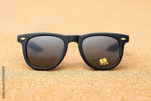 designer sunglasses with gold elephant icon on lens resting on sandy beach, blending luxury with casual elegance