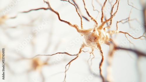 A detailed illustration of the human nervous system with highlighted neurons and synapses, set against a plain, light background