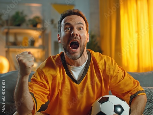 Excited Netherlands soccer supporter celebrating match at home, wearing orange football jersey