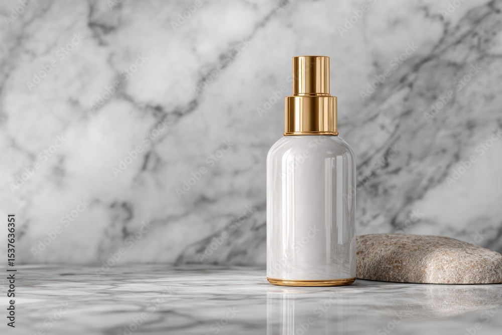 Fototapeta premium Elegant cosmetic bottle with gold details on a marble surface.