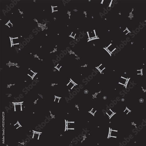 Seamless Pattern of Japanese Torii Gates and Koi Fish in Minimalist Monochrome Style for Oriental Background Design