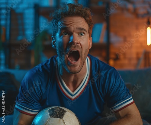 with intense fan match football France home blue expression at Excited celebrating male jersey soccer in