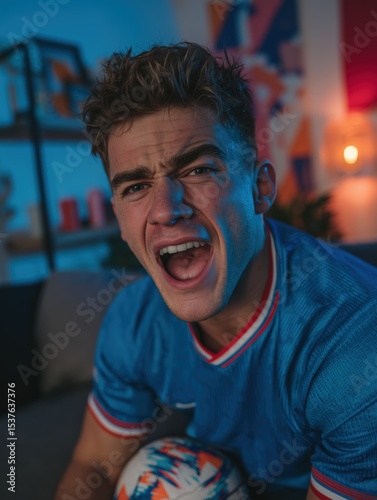 blue jersey male fan Excited expression match with France soccer celebrating intense football home in at