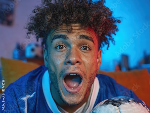 with celebrating Excited male blue match in France football home jersey soccer intense at fan expression