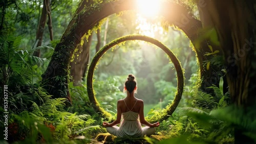 Woman in lotus position meditating under a moss covered circular frame surrounded by lush green forest during a sunlit morning