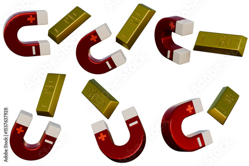 Magnet attracts gold bars in 3D rendering suitable for finance, investment, wealth concept illustrations and advertising designs