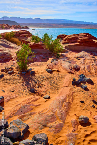 Red Sandstone Shoreline and Desert Vegetation by Blue Lake Eye Level Perspective