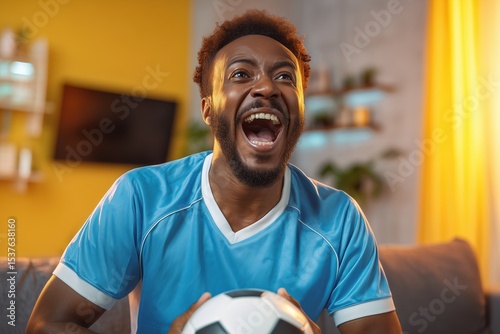 Argentina football fan cheering during penalty in the living room wearing sky blue jersey