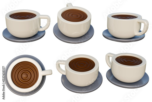 Six coffee cups filled with coffee on saucers. Perfect for coffee shop promotions or menu designs that require a cozy feel. 3D Rendering.