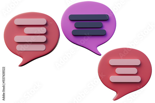 Three colorful speech bubbles with horizontal lines, suitable for presentations, social media graphics, communication concepts, and website design. 3d Rendering.