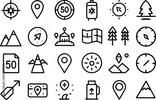 Adventure and navigation line icon set isolated on transparent background