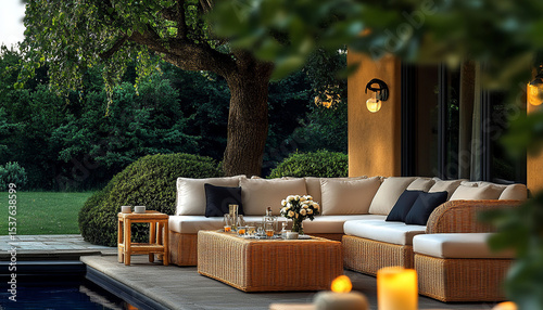 Luxurious outdoor entertaining area with a large L-shaped wicker sofa and matching coffee table, arranged by an inviting pool. Lush green landscaping and candles create a relaxing yet sophisticated am