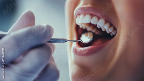 A detailed image of a dentist performing a routine check-up with focus on the dental tools and patient’s teeth, set against a clean, modern dental clinic background