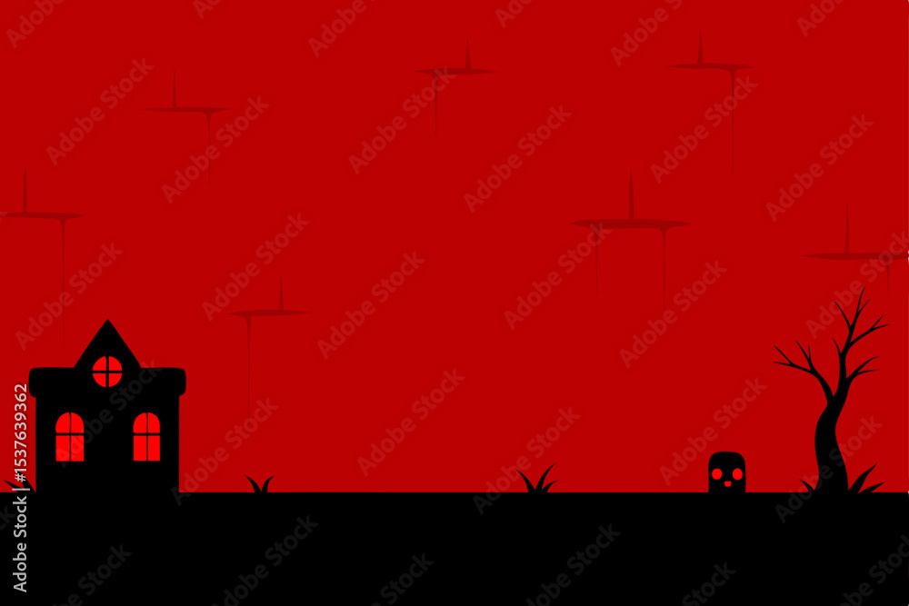 Spooky Halloween Night Haunted House Silhouette Against a Crimson Sky Spooky Halloween Night Haunted House Silhouette Against a Crimson Sky