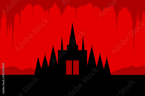 Crimson Nightmare A Silhouette Castle Against a Bloody Sky