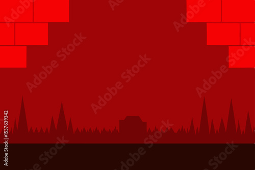 Crimson Abyss A Minimalist Red Landscape with Brick Walls and Silhouette Trees