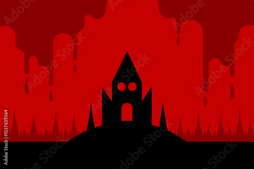 Eerie Haunted House Silhouette Against a Blood Red Dripping Background Spooky Halloween Illustration