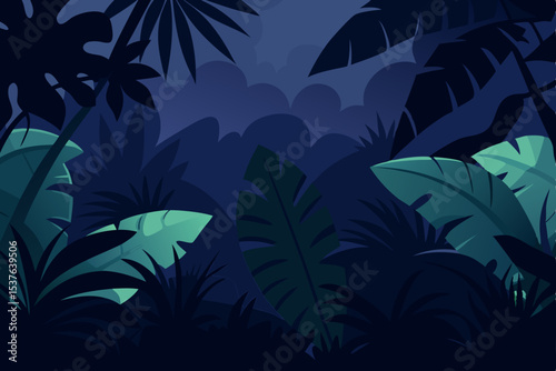 Mysterious Night in the Tropical Rainforest Dark Lush Foliage and Silhouettes of Exotic Plants