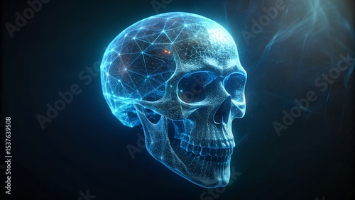 A digital representation of a human skull with glowing blue lines and nodes, symbolizing neural connections and advanced technology.