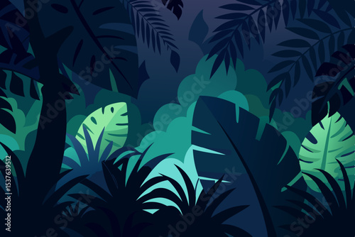 Lush Tropical Rainforest at Night Dark Green Foliage and Mysterious Shadows