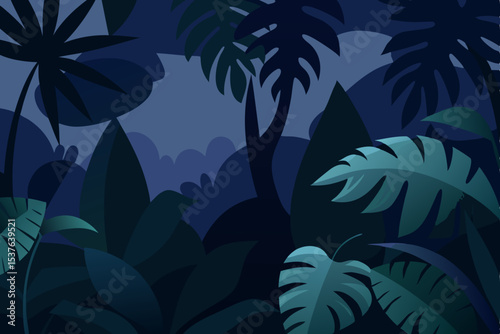 Mysterious Night in the Lush Tropical Rainforest Dark Green Foliage and Silhouettes of Palm Trees