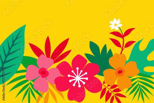 Vibrant Tropical Flowers and Lush Leaves A Summery Floral Illustration