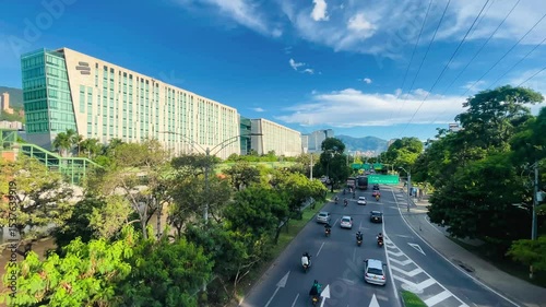 Cityscape with contemporary architecture with Bancolombia building, urban road, Medellin, Colombia