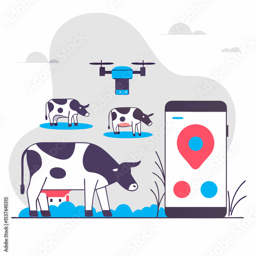 Flat vector of smart livestock farm with automatic feeder, tracking collars, drone, and mobile monitoring app.
