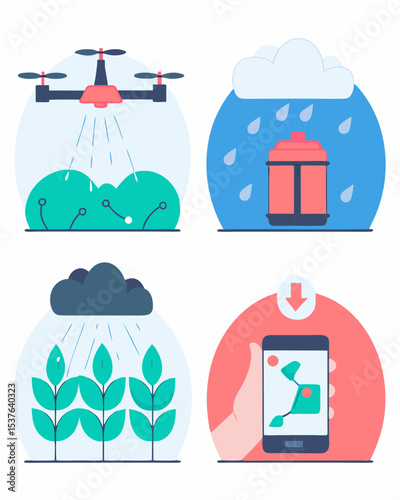 Smart Farming Technology Icon Set – Flat Vector.
Set of flat vector icons showing smart farming technology including drone, soil sensor, automation, and mobile control.