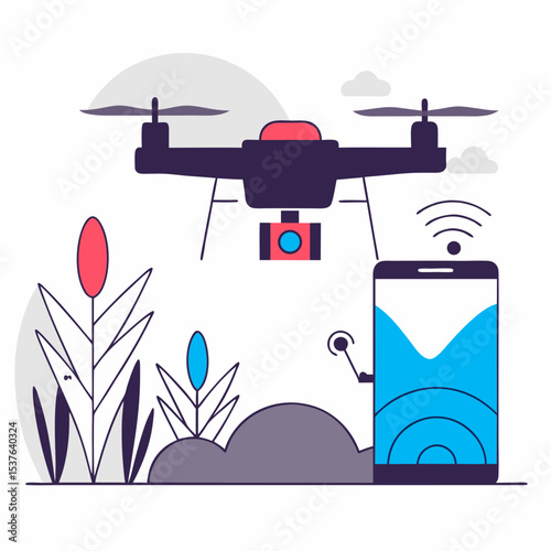 Flat vector illustration of a drone scanning farmland with signal waves and smart sensors in green field.