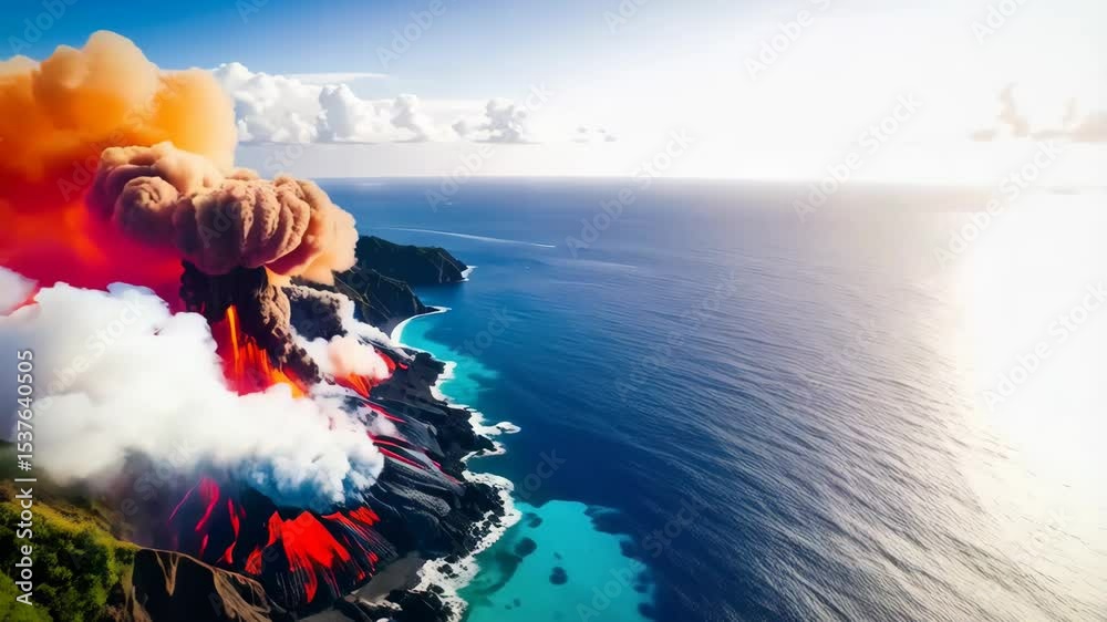 Volcanic eruption landscape shows lava flowing into azure ocean waters from black sand beach under partly cloudy skies