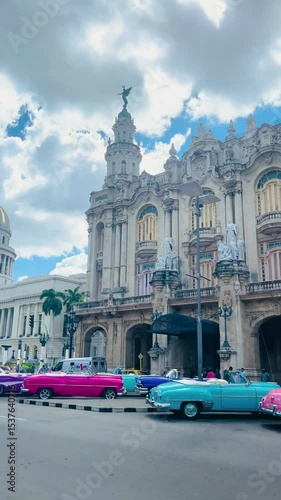Street with Capitol building, Gran Teatro and vintage cars in Old Havana, Cuba