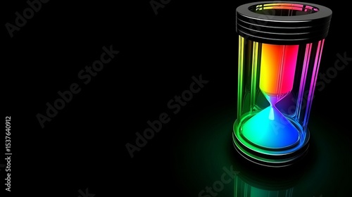 A rainbow-colored abstract hourglass flows digitally against a black background.