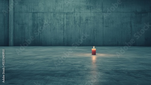 A single candle burns with a flickering flame in a dark concrete room.