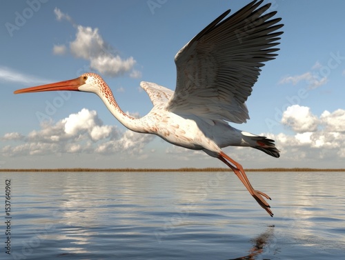 A stylized white bird with orange markings flies over water.