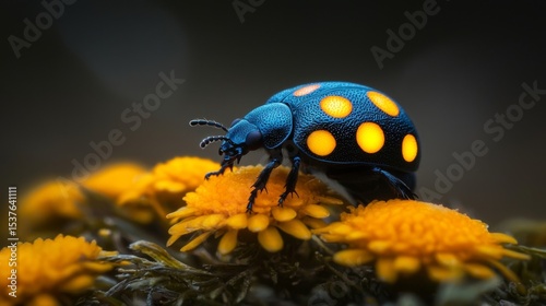 Black beetle with glowing orange spots sits on yellow flowers