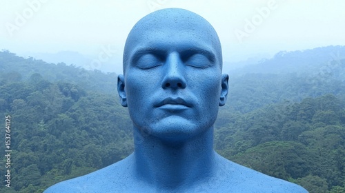 A bald blue figure meditates with closed eyes against a misty green forest backdrop