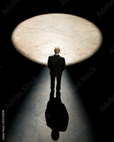 Businessman standing under spotlight on dark stage from above view.