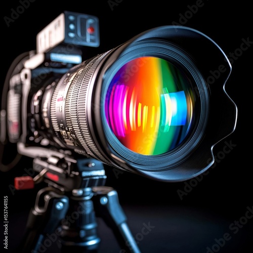 Camera lens reflecting colorful light on a dark background