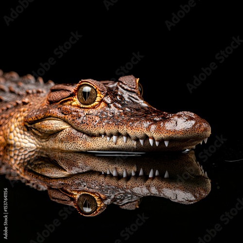 Baby alligator looks forward with reflection against a black background